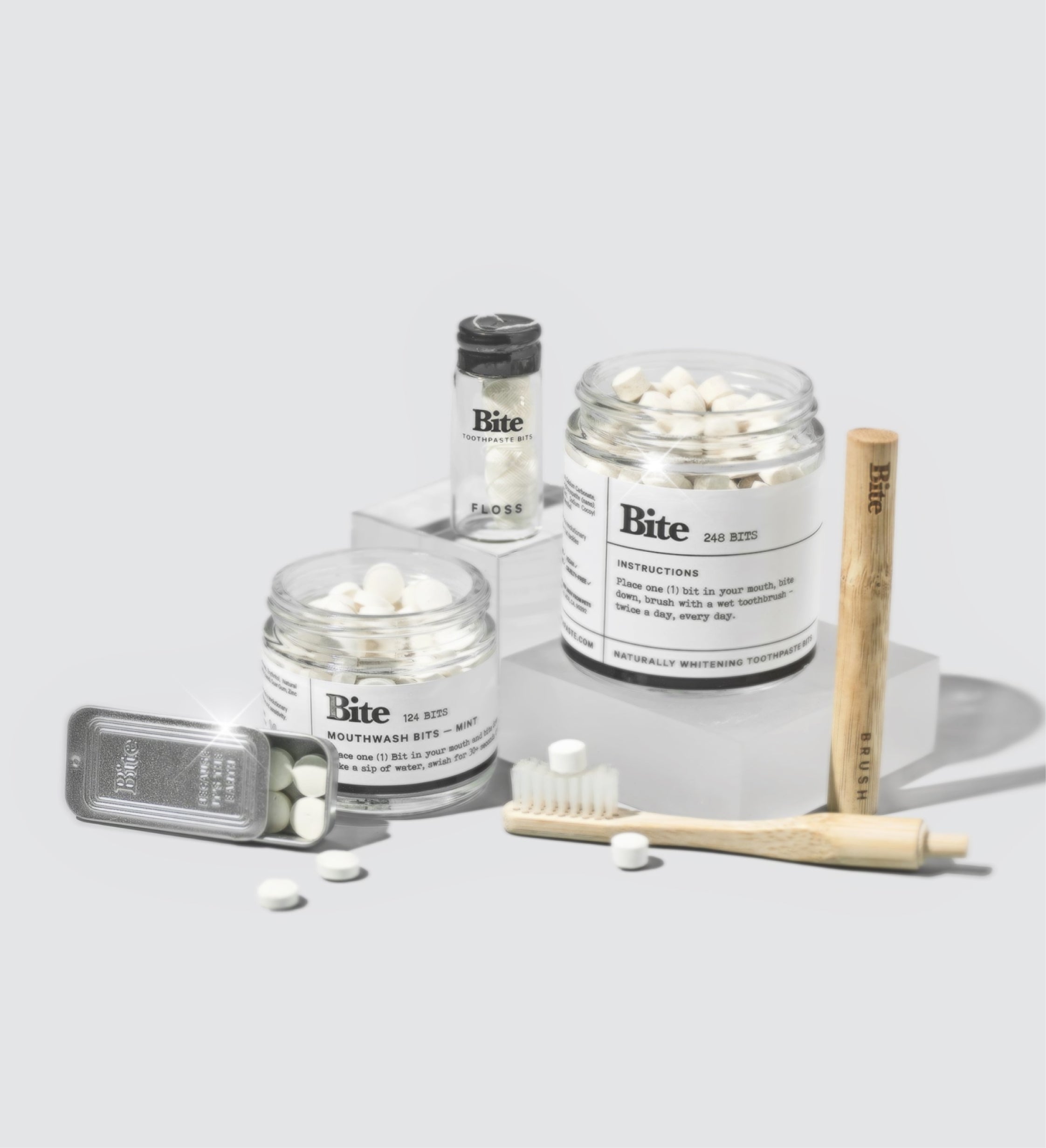 Bite Daily Habits Kit with toothpaste Bits, mouthwash Bits, floss, and brush